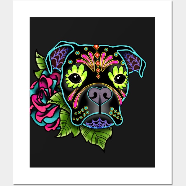 Boxer in Black - Day of the Dead Sugar Skull Dog Wall Art by prettyinink